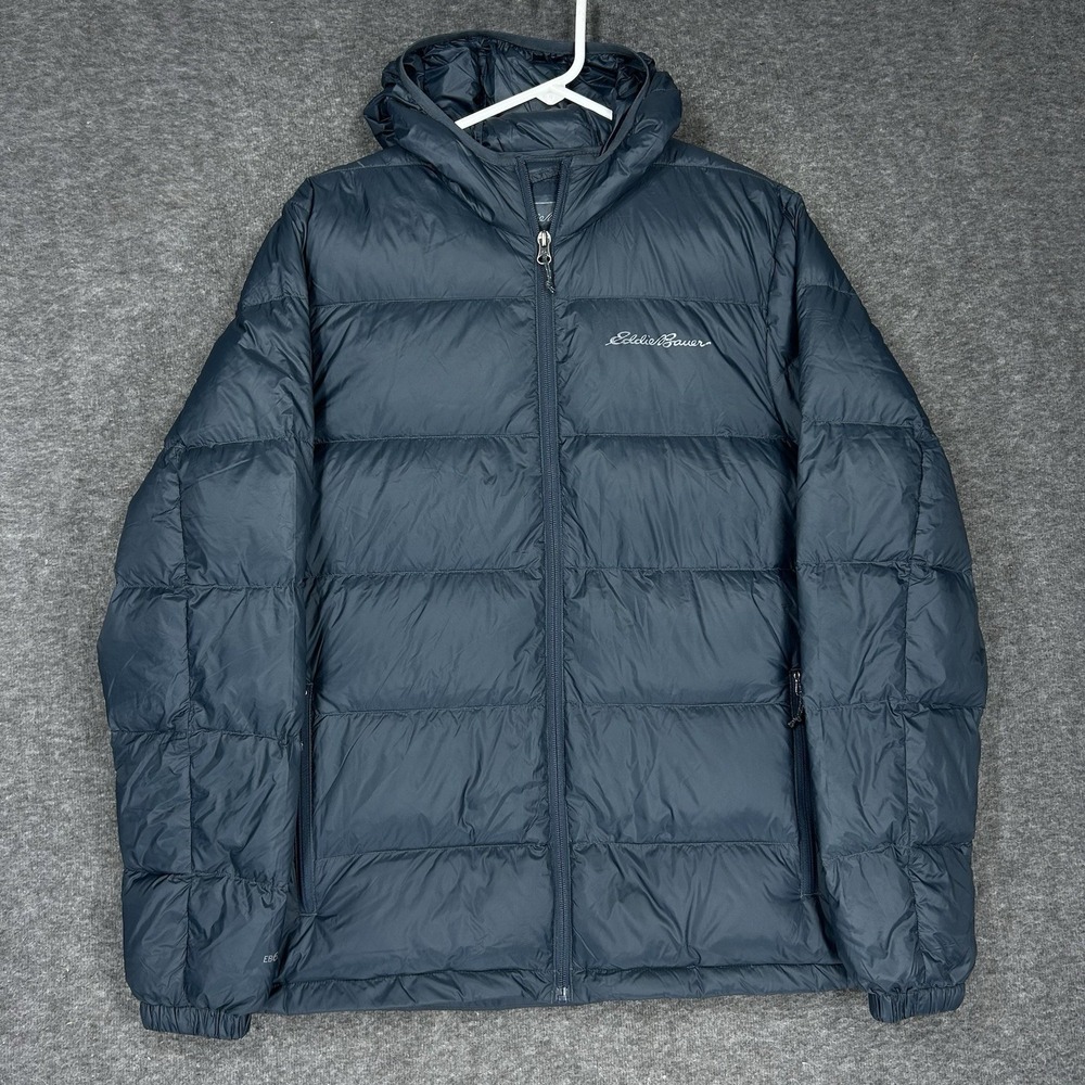 Eddie Bauer Down Puffer Jacket Mens M Blue Wide Channel Hooded Full Zip‎ EB650